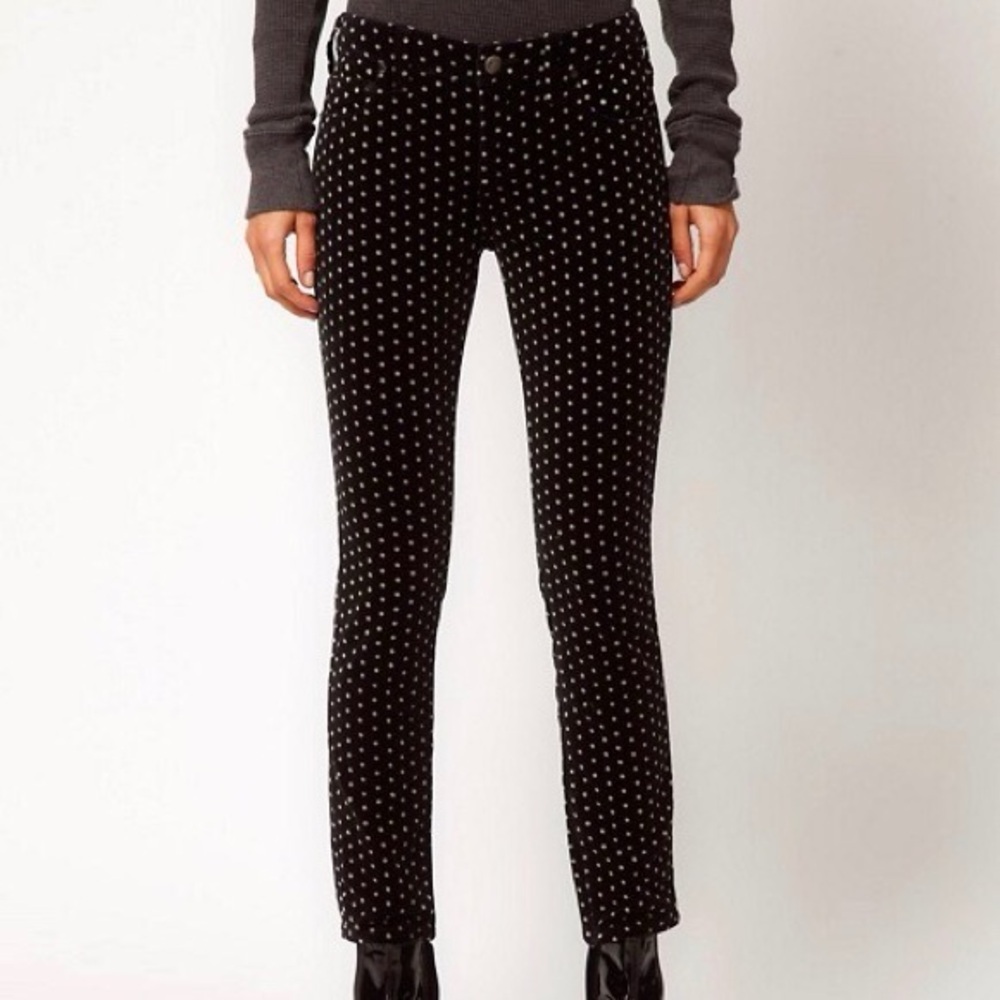 Free People Velvet Skinny Pants Black White Polka Dot Straight